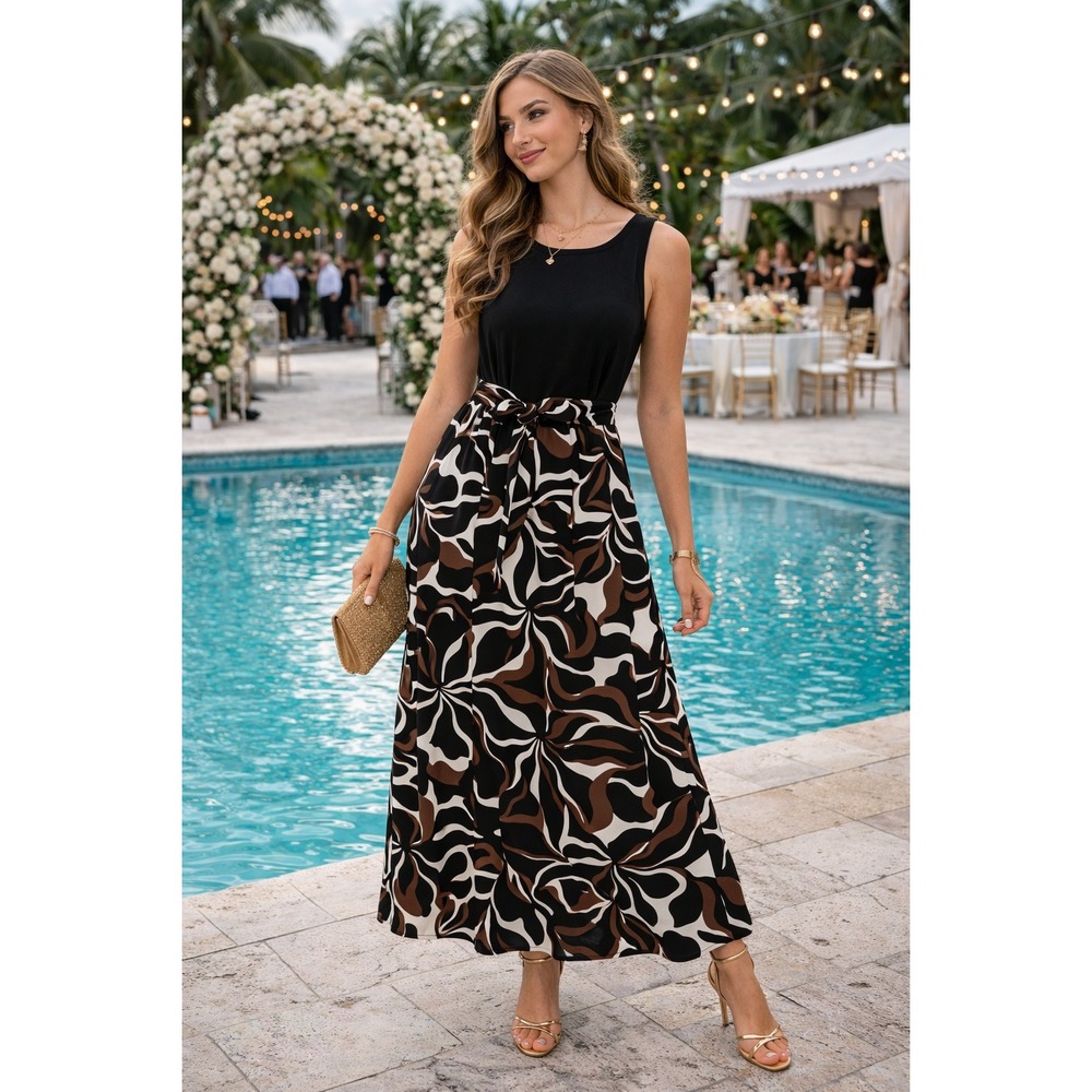 Fred David Maxi Dress Womens 1X Black‎ Floral NEW Sleeveless Belted Scoop Neck